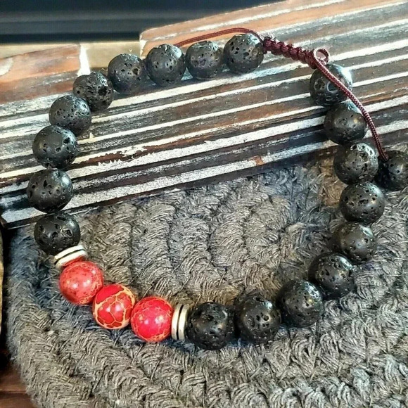 Chakra Healing Gemstone Bracelet Red Aqua Terra Jasper Black Lava - Picture 5 of 7